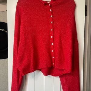 Vibrant Red Knit Cardigan Sweater with Crew Neck
